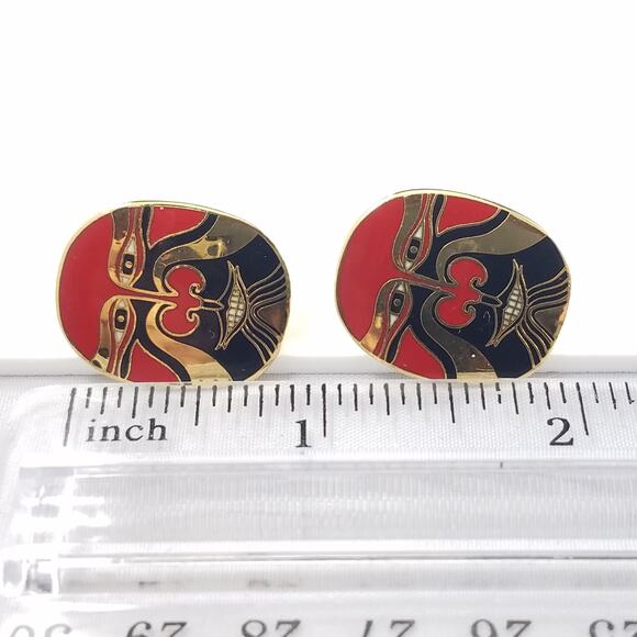 Vintage Laurel Burch "Eiko" Mask Earrings, Red Tribal Pierced Earrings, 1990s - Picture 7 of 10